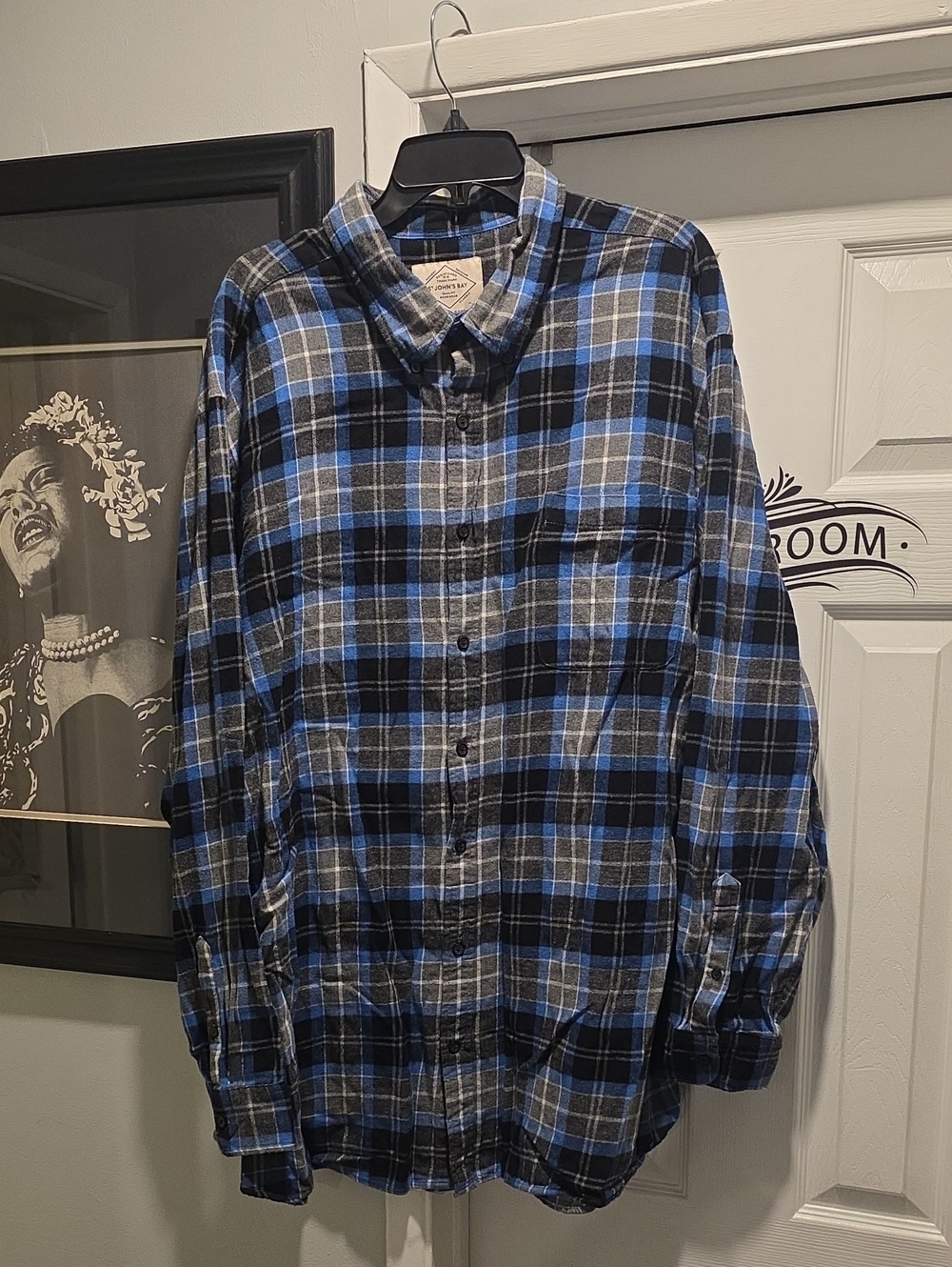 St. John's Bay Blue, Black & Gray Plaid Button-Down Shirt
